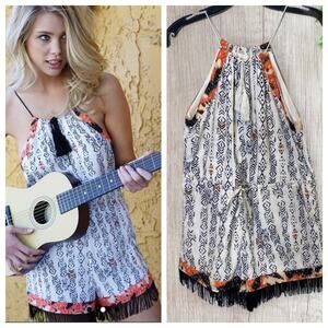Tea & Cup romper with fringe accent